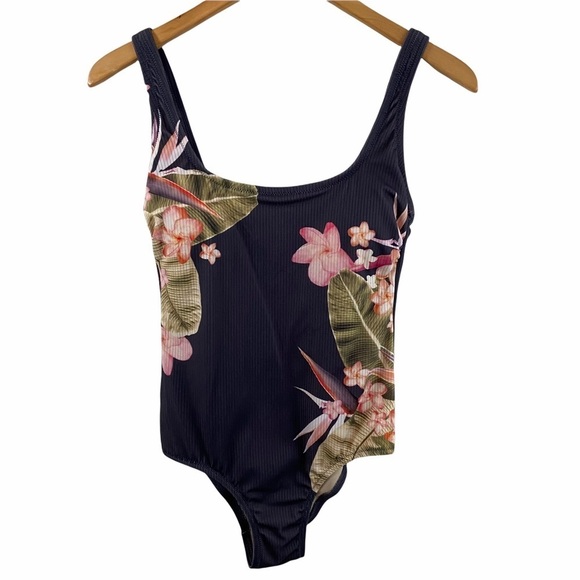 Kona Sol Grey Floral Ribbed One Piece Swimsuit Sz S Open Back Womens - Picture 1 of 8